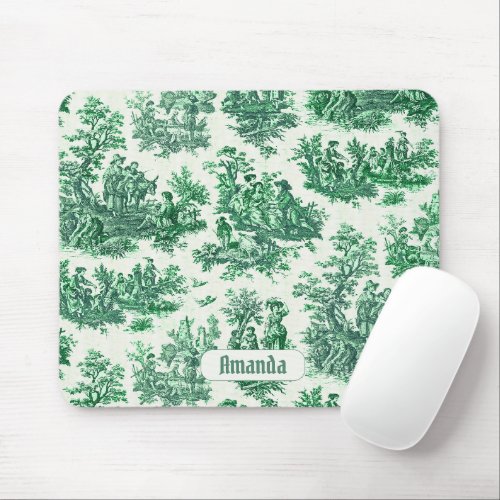 Vintage floral green toile jouy monogram mouse pad