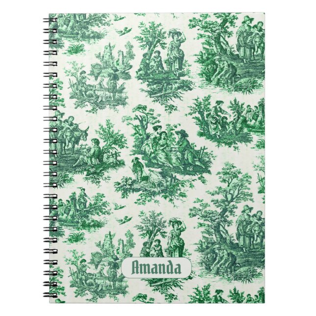 Vintage floral green toile jouy monogram notebook (Front)