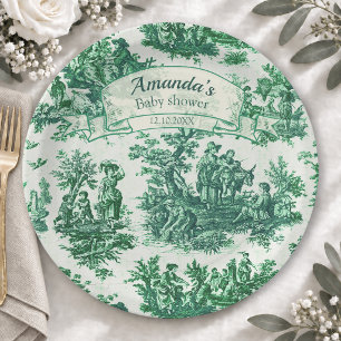 Vintage floral green toile jouy monogram paper plates