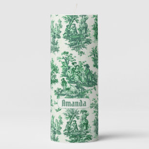 Vintage floral green toile jouy monogram pillar candle