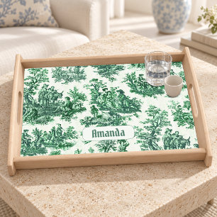 Vintage floral green toile jouy monogram serving tray
