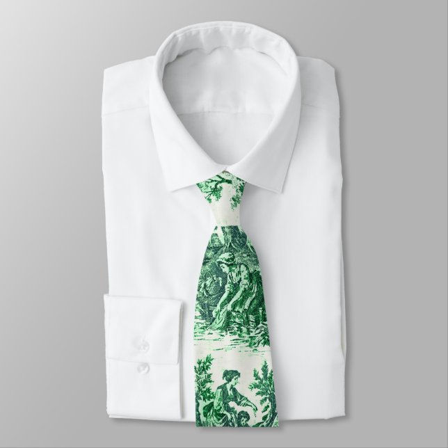 Vintage floral green toile jouy neck tie (Tied)