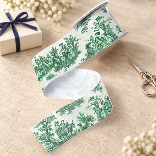 Vintage floral green toile jouy satin ribbon