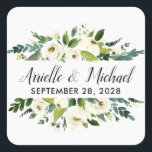 Vintage Floral Greenery Garden Wedding Favors Square Sticker<br><div class="desc">Vintage Floral Greenery Garden Wedding Favors - feature a printed watercolor background with a watercolor floral wreath of design elements in shades of white,  ivory and greens (greenery).</div>