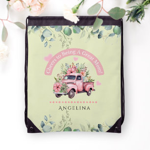 Vintage Floral Greenery Pink Truck Coquette Green Drawstring Bag