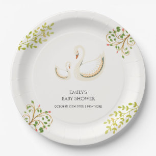 Vintage Floral Greenery Swan Baby Shower Paper Plates