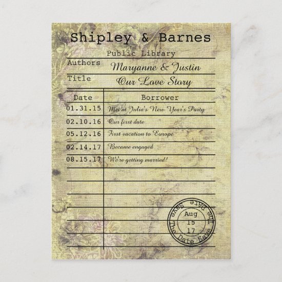Vintage Floral Grunge Library Card Save The Date