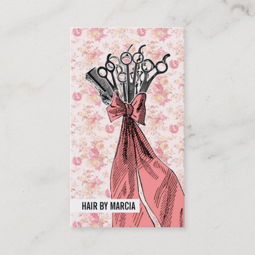 vintage floral hair stylist pink retro flowers bow business card