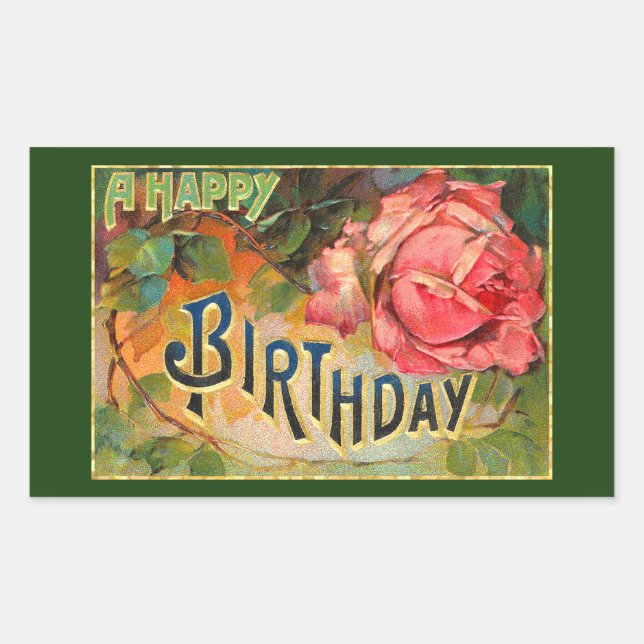 Vintage Floral Happy Birthday Rectangular Sticker (Front)