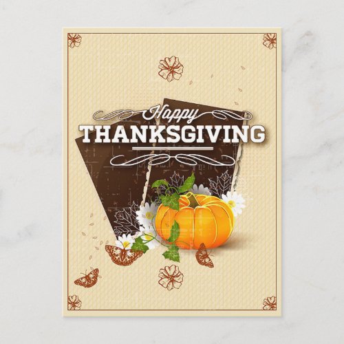 Vintage Floral Happy Thanksgiving Pumpkin Autumn Postcard