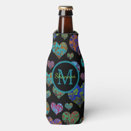 Vintage floral heart pattern custom monogram bottle cooler