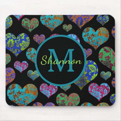 Vintage floral heart pattern initial name monogram mouse pad