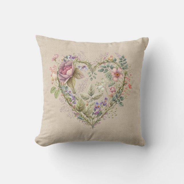 Vintage Floral Heart Throw Pillow (Front)