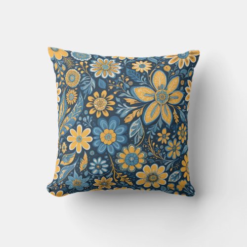 Vintage floral Hippie design yellow blue  Outdoor Pillow