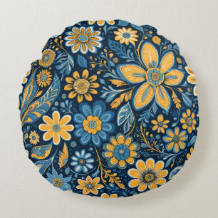 Vintage floral Hippie design yellow blue Round Pillow