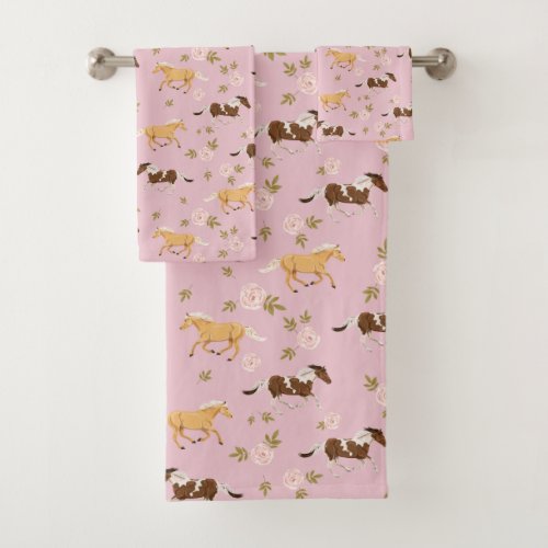 Vintage Floral Horse Pattern Bath Towel Set