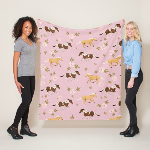 Vintage Floral Horse Pattern Fleece Blanket