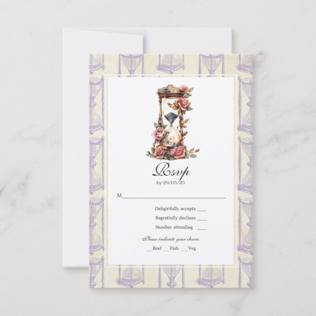 Vintage Floral Hourglass Wedding RSVP Card (Front)