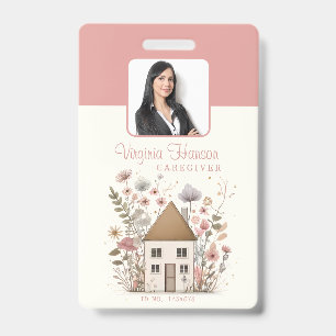 Vintage Floral House Caregiver Services Pink Photo Badge
