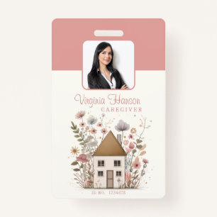 Vintage Floral House Caregiver Services Pink Photo Badge