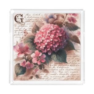 Vintage Floral Hydrangea Script Letter Acrylic Tray