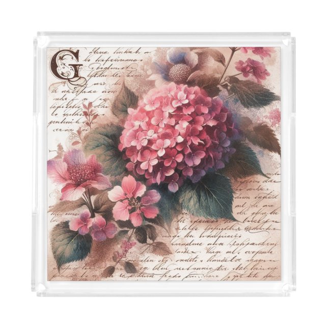Vintage Floral Hydrangea Script Letter Acrylic Tray (Front)