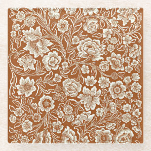 Vintage Floral in Burnt Sienna Glass Coaster