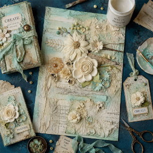 Vintage Floral in Cream & Mint Collage Decoupage Tissue Paper