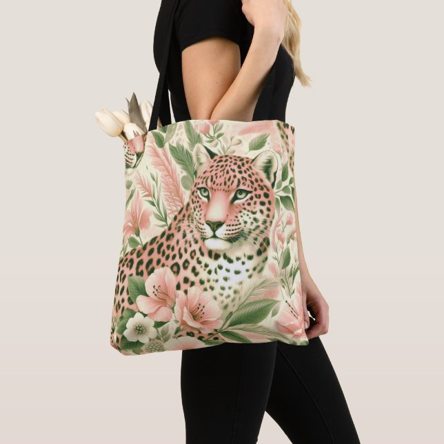 Vintage Floral Jungle Leopard Tote Bag (Close Up)