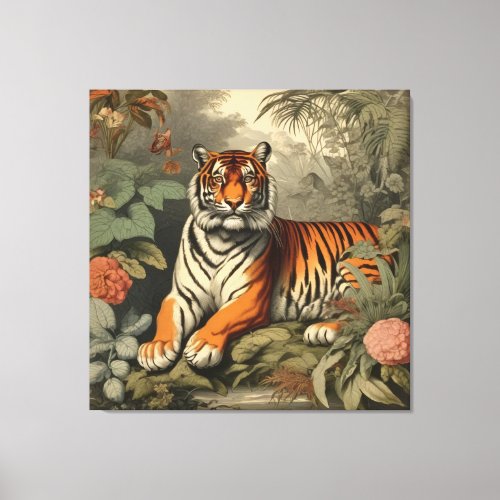 Vintage Floral Jungle Tiger Canvas Print