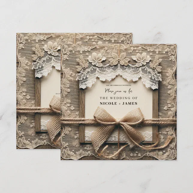 Vintage Floral Lace Burlap Bow Rustic Wedding Invitation | Zazzle