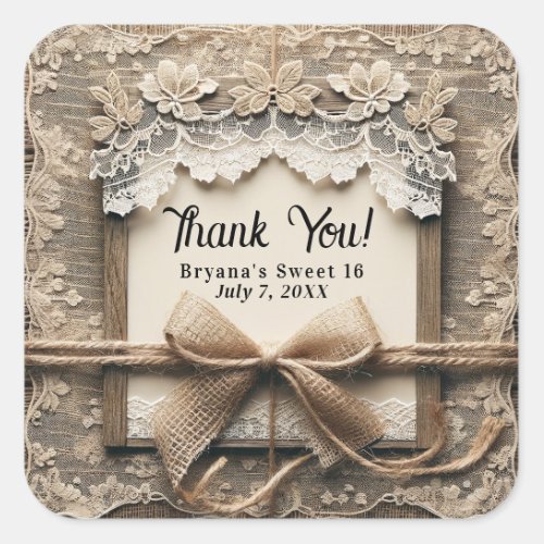 Vintage Floral Lace Burlap Bow Sweet 16 Birthday  Square Sticker