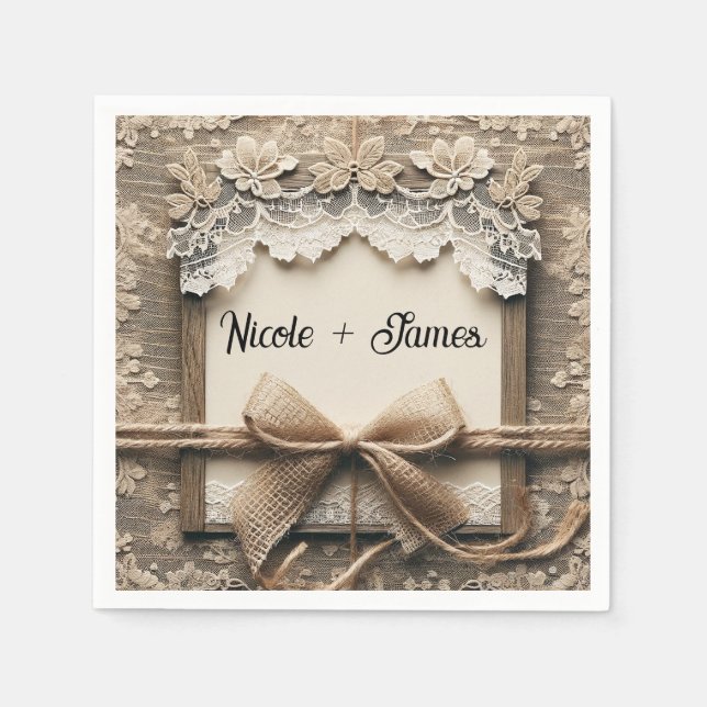 Vintage Floral Lace Burlap Rustic Wedding  Napkins (Front)