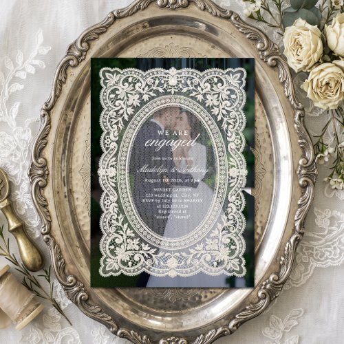 Vintage Floral Lace Photo Frame Engagement Party Invitation