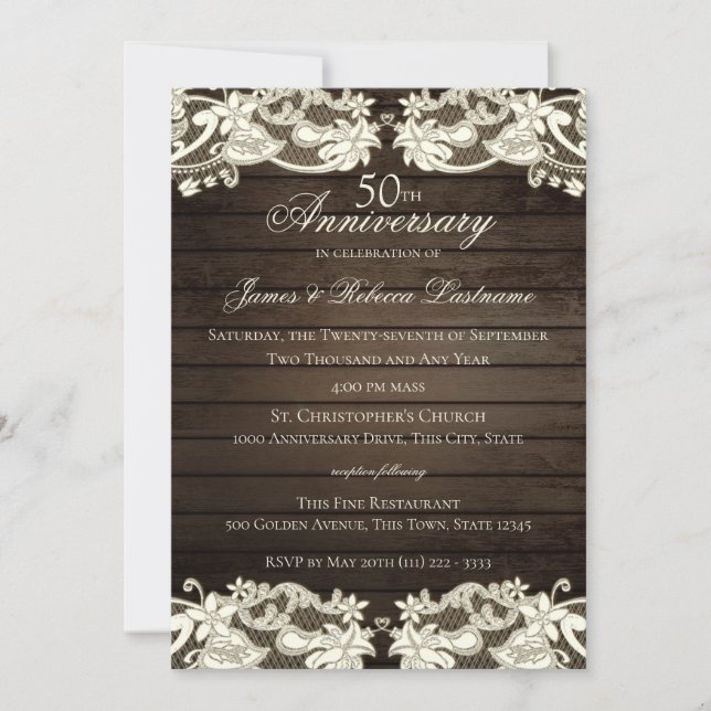 Vintage Floral Lace Rustic 50th Anniversary Invitation (Front)