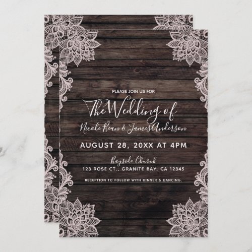 Vintage Floral Lace Rustic Wood Elegant Wedding Invitation