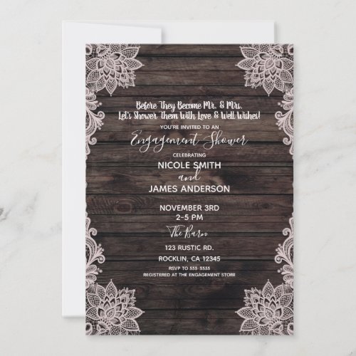 Vintage Floral Lace Rustic Wood Engagement Shower Invitation