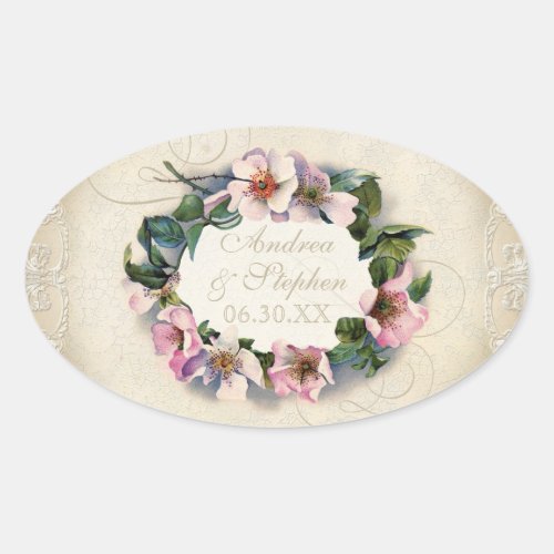 Vintage Floral Lace Wild Pink Rose Swirl Formal Oval Sticker