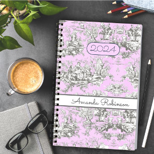 Vintage floral lake pink toile de jouy monogram planner