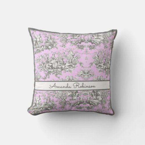 Vintage floral lake pink toile de jouy monogram throw pillow