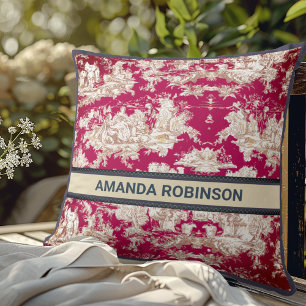 Vintage floral lake red toile de jouy monogram throw pillow