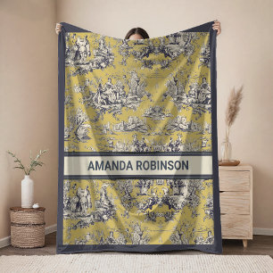 Vintage floral lake yellow toile de jouy monogram fleece blanket