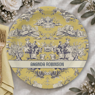 Vintage floral lake yellow toile de jouy monogram paper plates