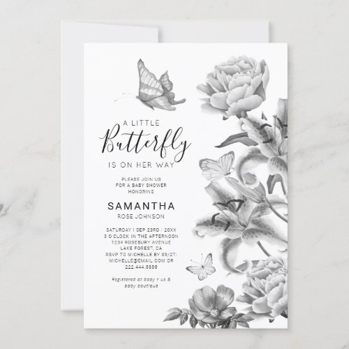 Vintage Floral Little Butterfly Baby Shower Invitation - Trendy black & white baby shower invitations featuring a white background, elegant grayscale watercolor florals, butterflies, and a modern baby shower template that can easily be personalized.