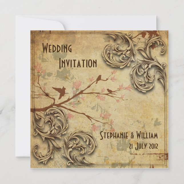 Vintage Floral Love Birds Wedding Invitation (Front)