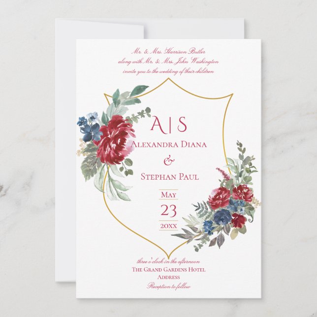 Vintage Floral Magenta Crest Monogram Wedding Invitation (Front)