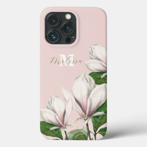 Vintage Floral Magnolia Pink Monogram Name iPhone 13 Pro Case