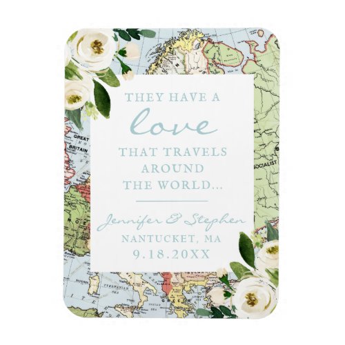 Vintage Floral Map Love Travels Wedding Date Magnet