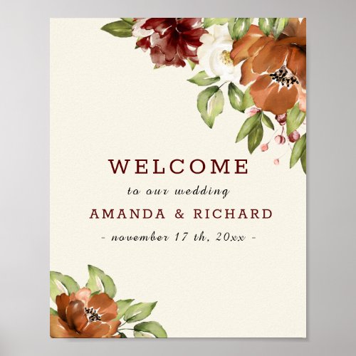 Vintage Floral Maroon Ivory Wedding Welcome Sign 