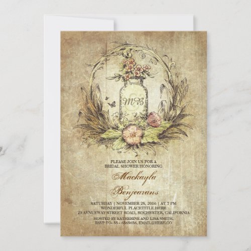 Vintage floral mason jar rustic bridal shower invitation